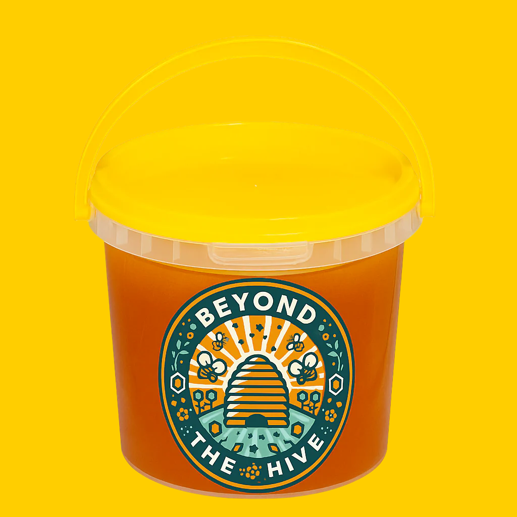 Yellow lid and 1kg container with 'Beyond The Hive' logo on a yellow background