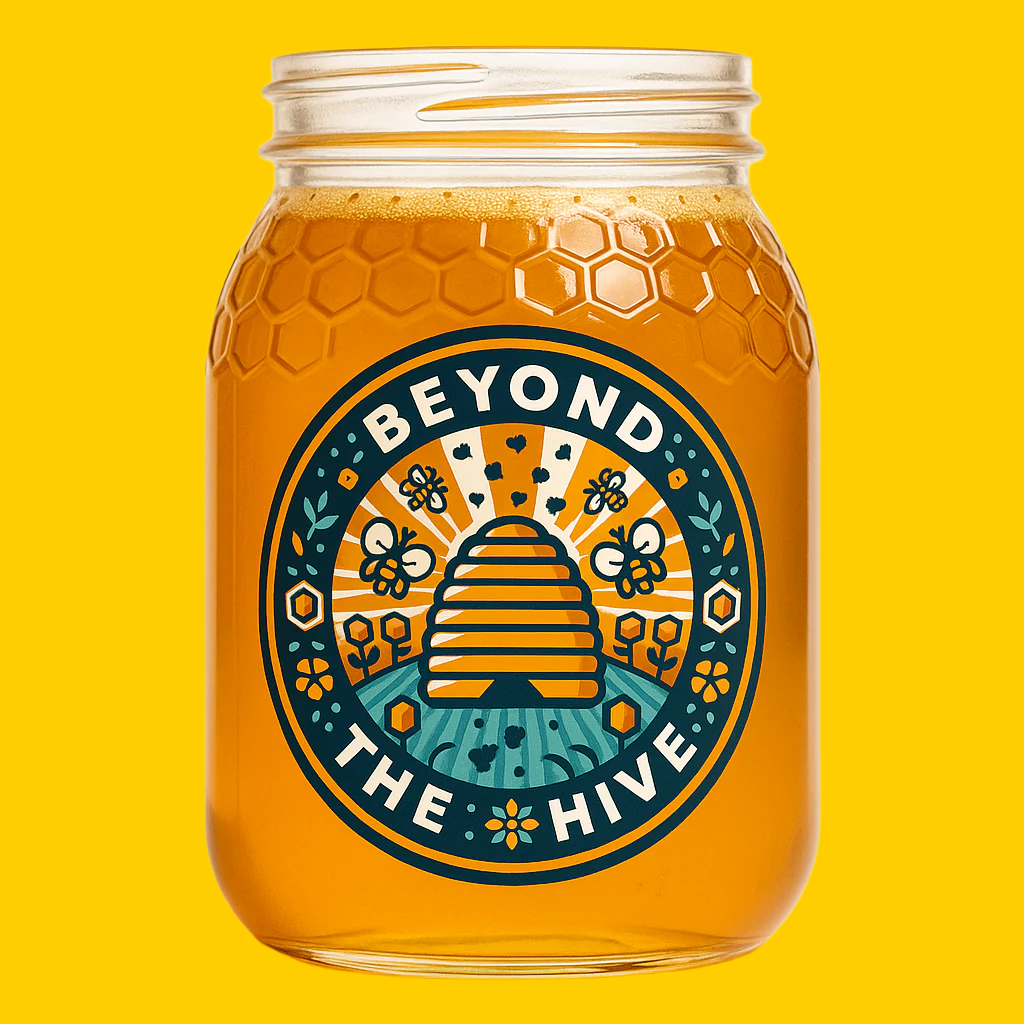 375ml Mason jar filled with honey and 'Beyond the Hive' label on a yellow background with no lid