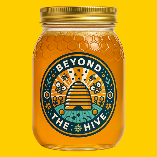 375ml Jar of honey with 'Beyond the Hive' label on a white background with gold lide