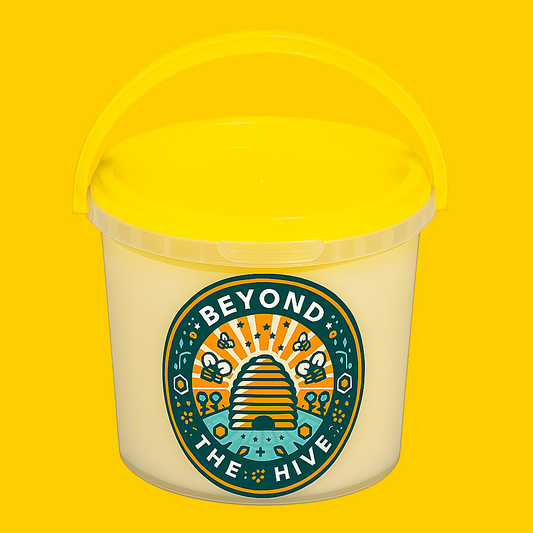 Yellow bucket with 'Beyond the Hive' logo on a white background